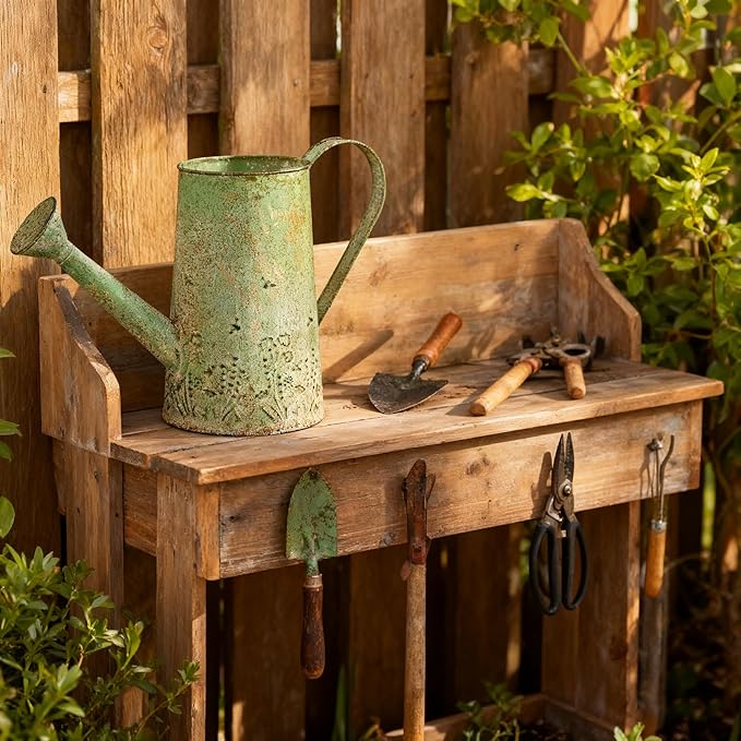 Vintage Green Metal Watering Can, Functional Garden Waterer with Floral Embossed for Indoor Outdoor Plant Care, Rustic Decor for Home Garden Patio