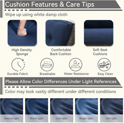 6 Pieces Outdoor Furniture Set - Patio Wicker Swivel Rocker Chair Set of 4 and 2 Side Table, Blue, Mixed Brown Rattan, Suitable for Porch, Yard