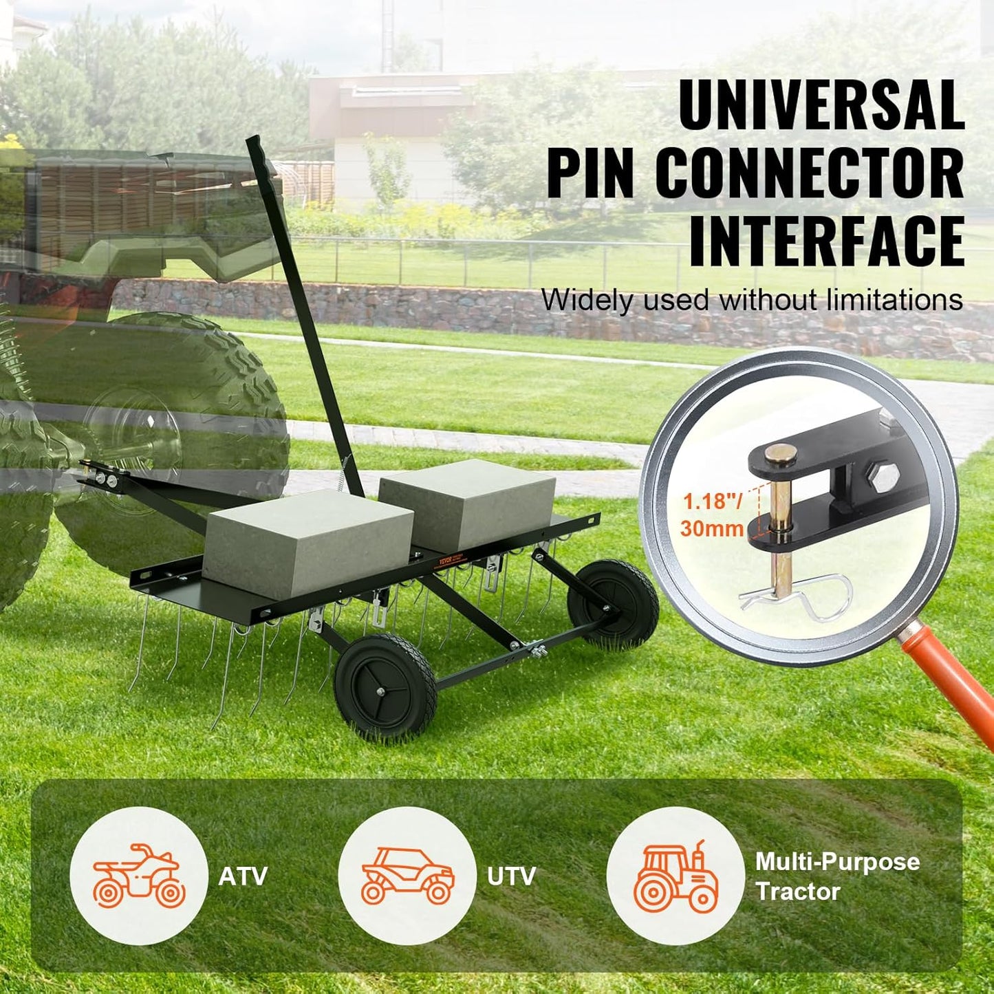 VEVOR Tow Behind Dethatcher, 48-inch Tow Dethatcher with 24 Spring Steel Tines, Lawn Dethatcher Rake for ATV or Mower, Tow Behind Lawn Rake with Lift Handle for Garden Farm Grass