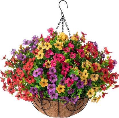 Artificial Faux Hanging Plants Flowers Basket for Summer Outdoor Outside Decoration, Fake Silk UV Sun Resistant Look Real Colorful Daisy Eucalyptus for Porch Home Patio Balcony Yard