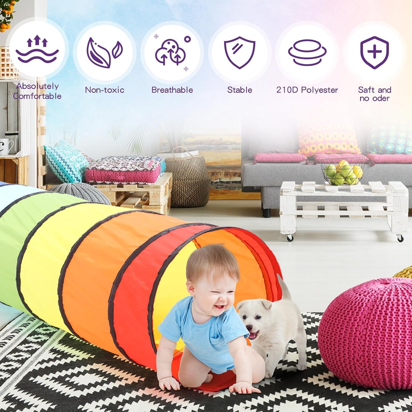 2 Pcs Play Tunnel for Kids Toddlers 6ft Multicolored Crawl Tunnel Play Tent for Baby or Pet Collapsible Gift for Boy and Girl Indoor and Outdoor Game(Classic)