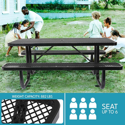 6 ft. Rectangular Outdoor Steel Picnic Table with Umbrella Pole, Heavy-Duty Weather-Resistant Dining Table for Patio, Backyard, and Garden, Rust-Resistant Finish, Black