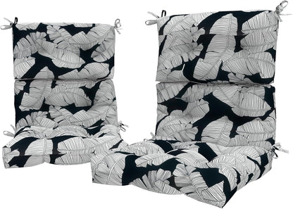 LVTXIII Outdoor Seat/Back Chair Cushion Patio Tufted High Back Cushion, Seasonal Replacement Rocking Chair Cushion with Ties (44” L x 22W”, Set of 2, Black Lush Leaf)