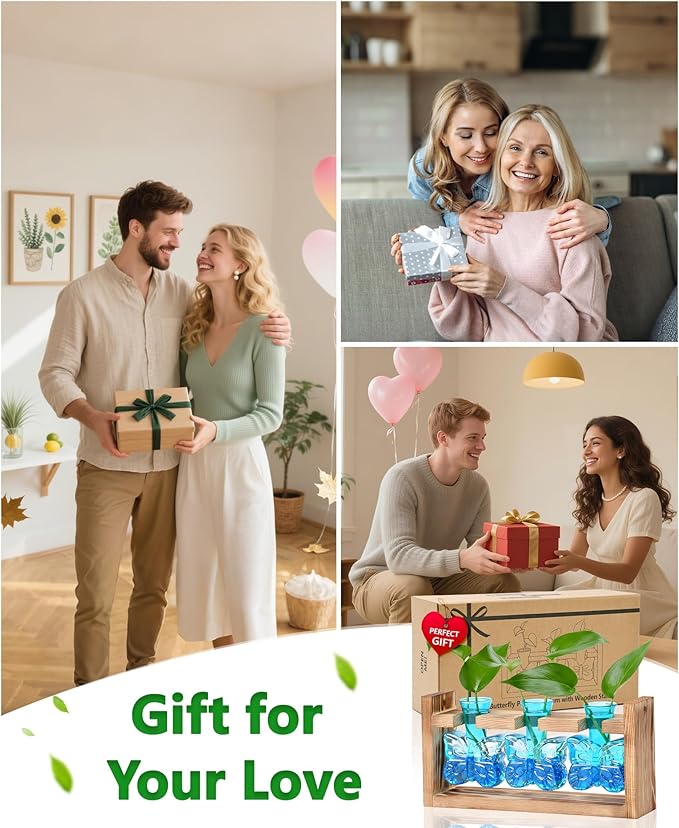 Nacome Butterfly Vase Propagation Stations: Glass Plant Terrarium with Wooden Stand for Home Office Desk Decor, Unique Gifts for Plant Lovers Women Mom (Blue)