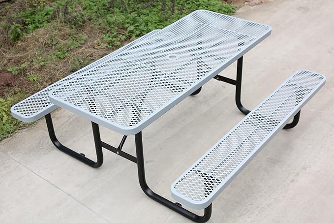 72'' Rectangular Steel Picnic Table for Outdoors,Commercial Metal Picnic Table Bench Set with Umbrella Hole,School Canteen Table W/Seats - Heavy Duty Sturdy Picnic Tables Furniture for Patio Garden