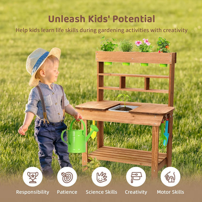 OOOK Potting Bench with Removable Sink, Potting Benches for Outside, Mud Kitchen for Kids Outdoor with Gardening Tools, Watering Can, Flower Pot, Ideal Gift for Boys and Girls 3+, Solid Fir Wood