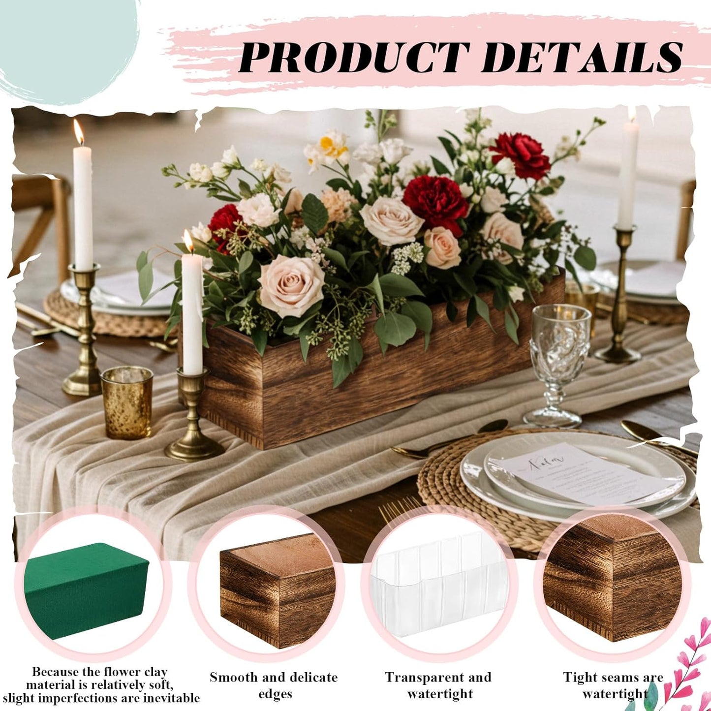 Dandat 5 Set Wood Boxes for Centerpieces Rectangle Wooden Planter Box Rustic Wood Planter with Removable Plastic Liner Floral Foam Blocks for Centerpieces Home Wedding Garden Decor (12x4 Inch)