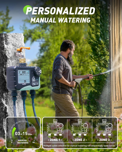 RAINPOINT 3 Zone Sprinkler Timer with Brass Inlet, Water Timer for Garden Hose,Rain Delay/Manual/Automatic Watering System, Hose,Hose Timers for Watering with IP65 Waterproof, Large LCD for Yard