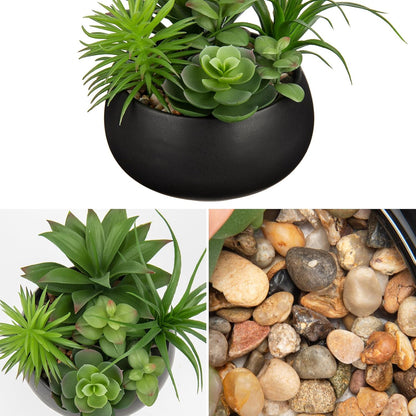 Fake Plants Artificial Succulents in Pots Faux Succulent Arrangement Potted Plant in Black Ceramic Planter Bowl for Home Decor Office Desk Bathroom Shelf Living Room Indoor Decorations
