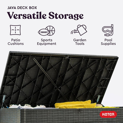Keter Java XXL 230 Gallon Resin Rattan Look Large Outdoor Storage Deck Box for Patio Furniture Cushions, Pool Toys, and Garden Tools, Dark Grey