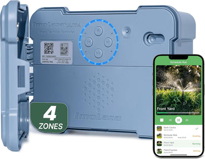 ImoLaza Outdoor Smart Sprinkler Controller, 4-Zone WiFi Irrigation Controller with Hyper-Local Weather, App Remote Control, Works w/ Alexa, Auto Watering, Rain/Freeze/Wind Skip, Smart Fault Detection