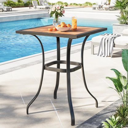 AECOJOY Outdoor Height Bar Table, 36'' Metal Frame Bar Table Bistro Square Table with Wooden Top, High Top Outdoor Pub for Patio Garden Lawn Poolside, Brown