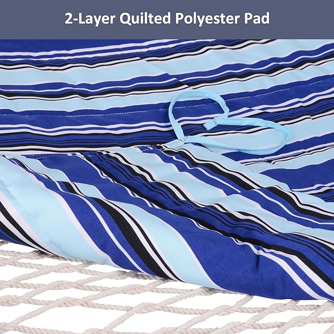 SUNCREAT Rope Hammocks 2 Person Hammock with Stand, Portable Patio Hammock with 13.5 ft Wooden Stand, Blue Stripes