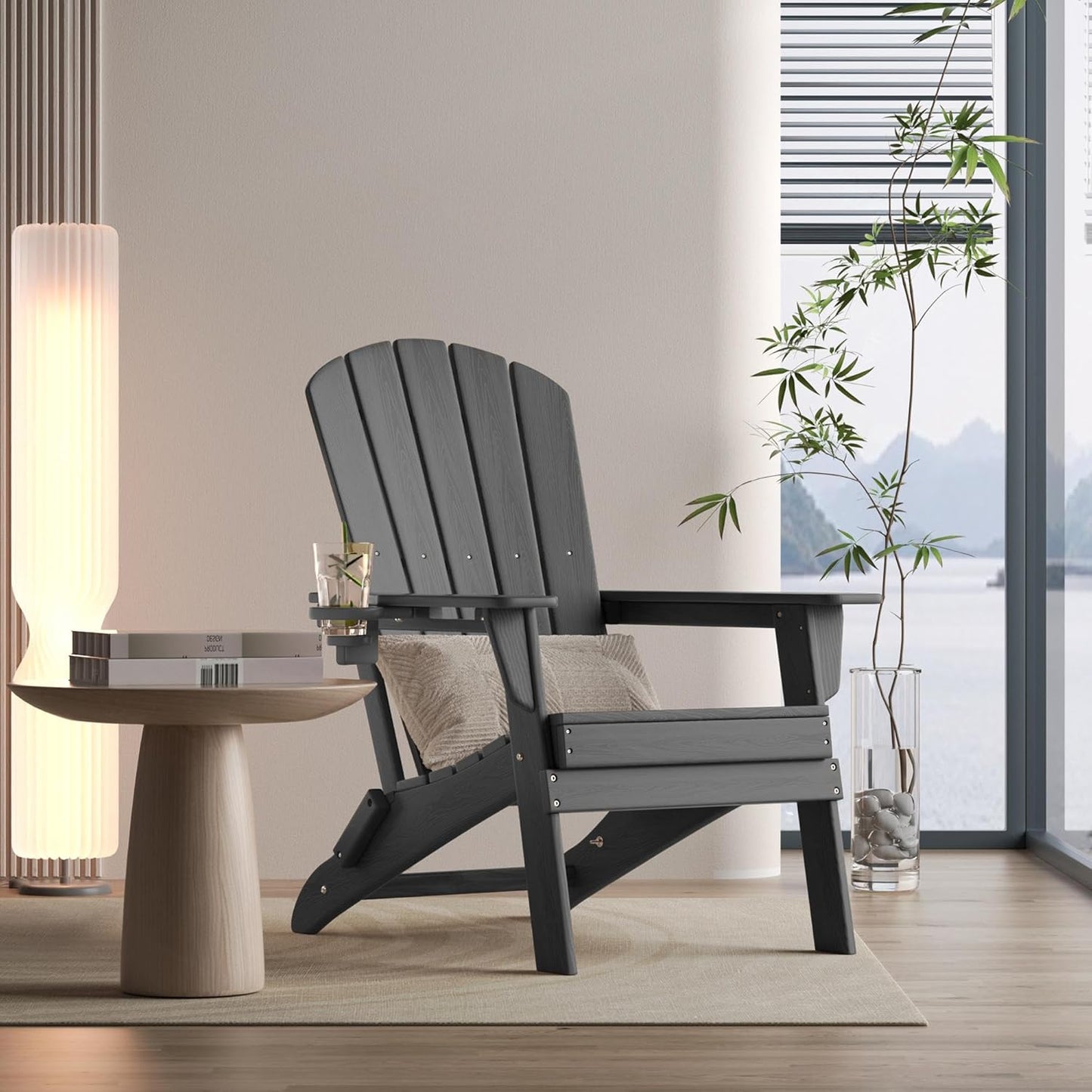 Folding Adirondack Chair - Extended Ergonomic Backrest, Cup Holder - Easy Assembly - Durable HDPE Plastic, Weather Resistant & Maintenance-Free - Lawn, Patio, Deck Supports 400lbs Grey