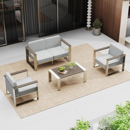 Outdoor Furniture Set, 4 Piece Aluminum Patio Furniture Set with Coffee Table, Wide Seat and Thick Cushions, Outdoor Patio Conversation Sets for Deck, Porch (LightGray)