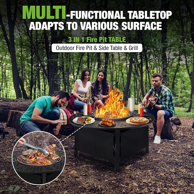 hykolity 40 inch Smokeless Fire Pit Surround Table, 3 in 1 Outdoor Fire Pit with Side Table& Grill.Fueled by Pellets or Wood.Outdoor Smokeless FirePit with Stove,for Patio, Backyard, Camping