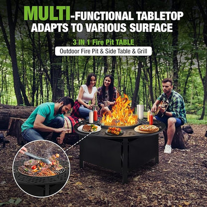 hykolity 40 inch Smokeless Fire Pit Surround Table, 3 in 1 Outdoor Fire Pit with Side Table& Grill.Fueled by Pellets or Wood.Outdoor Smokeless FirePit with Stove,for Patio, Backyard, Camping