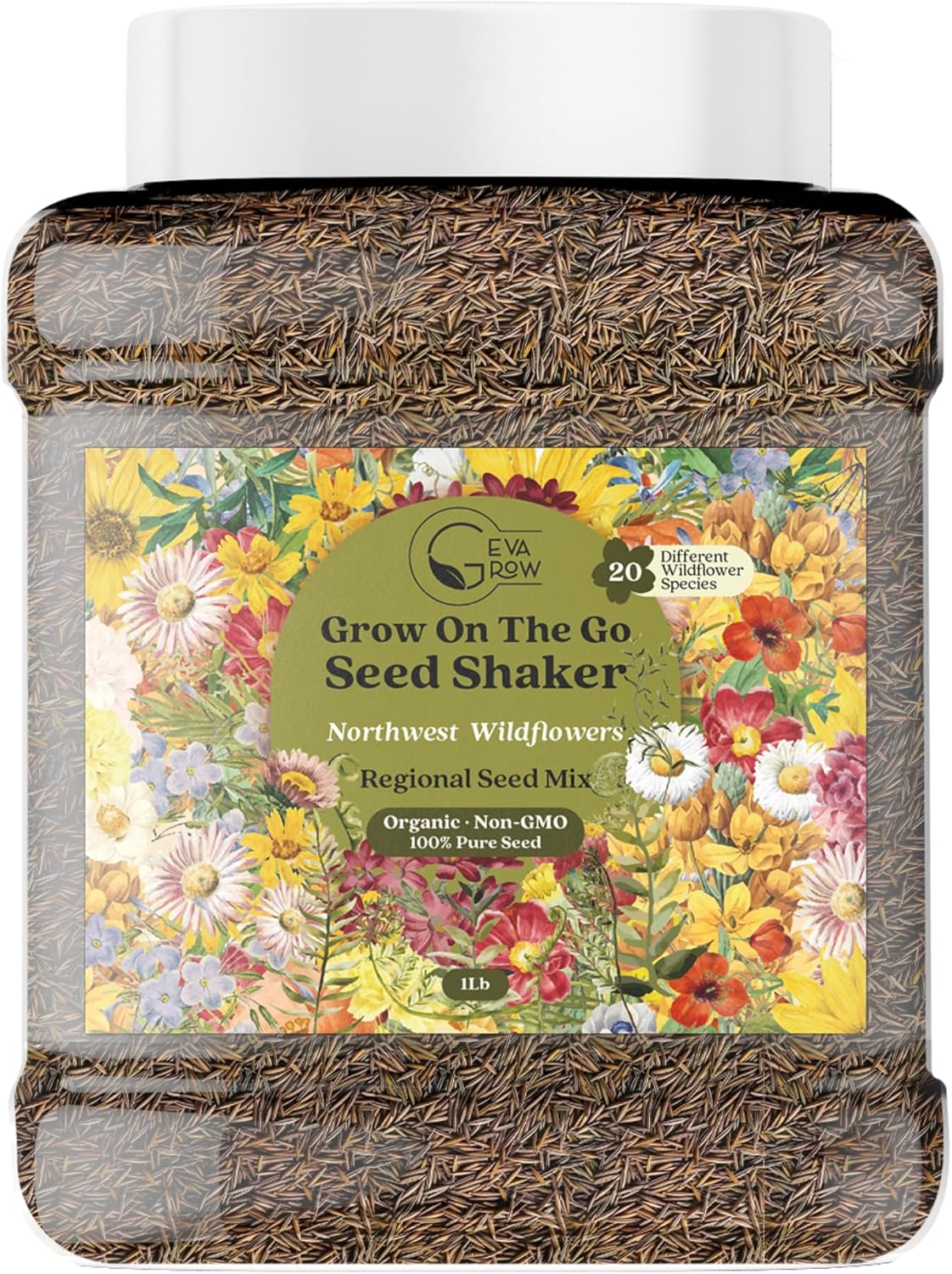 Geva Grow Northwest Wildflower Seeds Regional Mix - Organic, Non-GMO - 100% Pure Seed - 20 Different Wildflowers Seeds of Annual and Perennial, 1 LB Tub