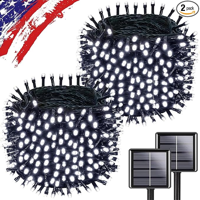 Upgrade 2Pack 500LED Solar String Lights for Outside, 180FT Solar Christmas String Lights Outdoor with 8 Modes, IP65 Waterproof Outdoor Twinkle Light, Garden Xmas Tree Christmas Decoration, Cool White