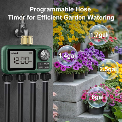 4 Zone Sprinkler Timer with Brass Inlet,Programmable Water Timer for Garden Hose with Rain Delay, Manual& Automatic Watering System,Programmable Digital for Lawn Yard,4 Zone