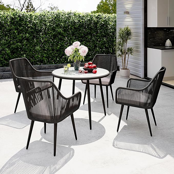 Patiorama 5-Piece Patio Dining Set, Outdoor Dining Table Chair Set, All-Weather Twisted Rattan Wicker Rope Conversation Set, Patio Furniture Set w/Umbrella Hole, 4 Cushioned Chairs&Glass Table(Black)