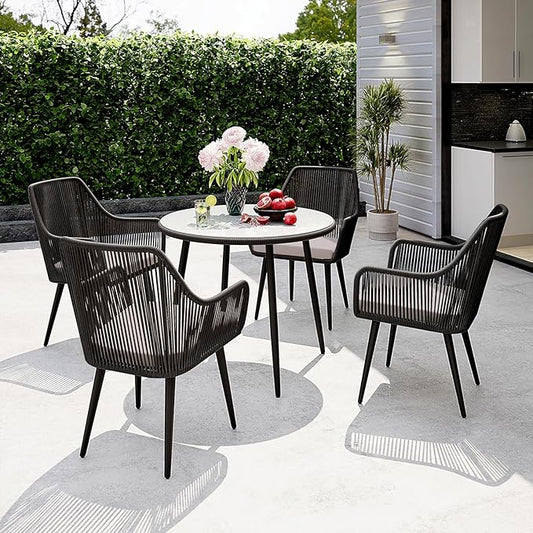 Patiorama 5-Piece Patio Dining Set, Outdoor Dining Table Chair Set, All-Weather Twisted Rattan Wicker Rope Conversation Set, Patio Furniture Set w/Umbrella Hole, 4 Cushioned Chairs&Glass Table(Black)
