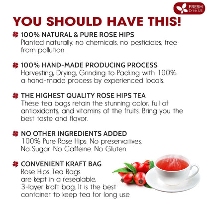 FreshDrinkUS, Premium 135 Rosehip Tea Bags, 100% Natural & Pure from Rose Hip Fruits. Loose Rosehip Herbal Tea. Made with Natural Material Tea Bags. No Sugar, No Caffeine, No Gluten, Vegan.