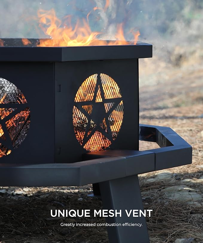 43 inch Fire Pit, Outdoor Fire Pits with Cooking Grill, Wood Burning Fire Pits for Outside, Octagonal Heavy Duty Large Firepit with Poker for Bonfire, Backyard, Camping, Patio, Picnic