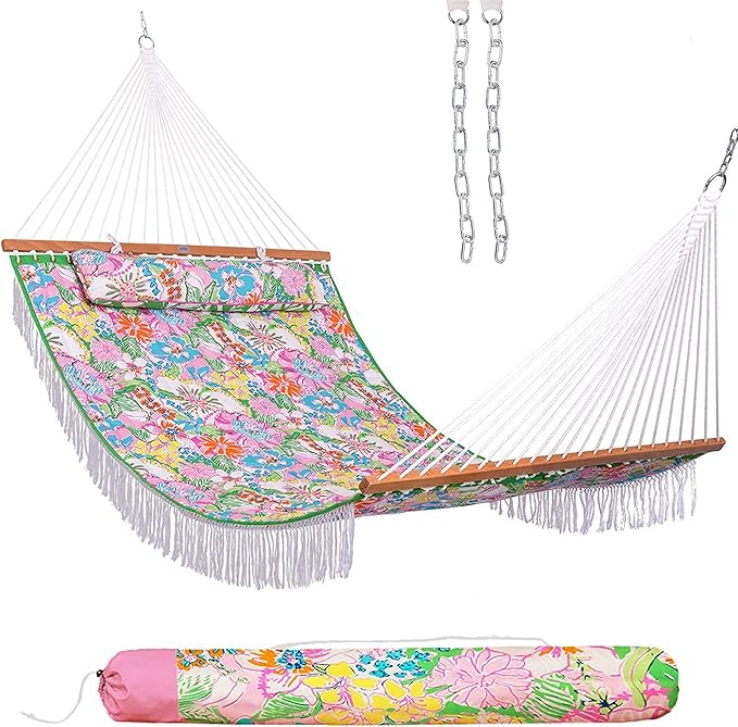 Lazy Daze Hammocks 12 FT Double Layered Quilted Fabric Hammock Swing with Pillow and Carrying Bag, Elegant Tassels and Spread Bar Heavy Duty Stylish for Two Person 450lbs, Floral