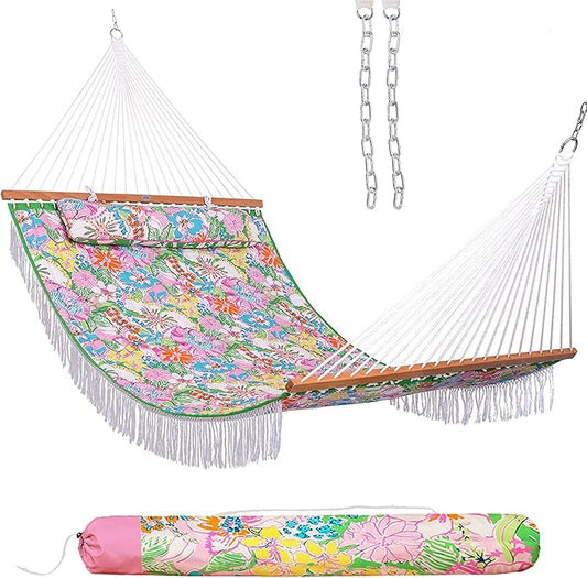 Lazy Daze Hammocks 12 FT Double Layered Quilted Fabric Hammock Swing with Pillow and Carrying Bag, Elegant Tassels and Spread Bar Heavy Duty Stylish for Two Person 450lbs, Floral