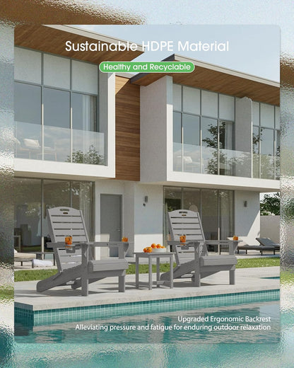 Adirondack Chairs Set of 2, Outdoor Fire Pit Chairs, HDPE All-Weather Adirondack Chairs with Cup Holder, Lawn Chair for Deck, Patio, Garden (Grey)