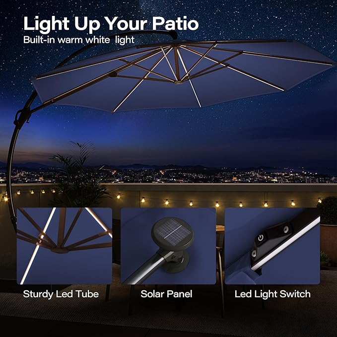 Kingdura 11ft Offset Cantilever Patio Umbrella with Solar Lights, Large Round Outdoor Umbrella with Base Included, Aluminum Frame, 360° Rotation & Infinite Tilt for Deck Pool Backyard, Dark blue