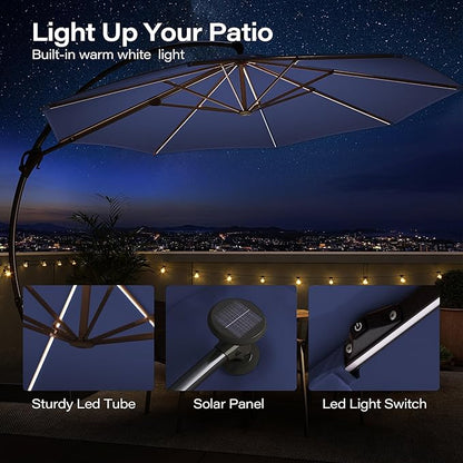 Kingdura 11ft Offset Cantilever Patio Umbrella with Solar Lights, Large Round Outdoor Umbrella with Base Included, Aluminum Frame, 360° Rotation & Infinite Tilt for Deck Pool Backyard, Dark blue