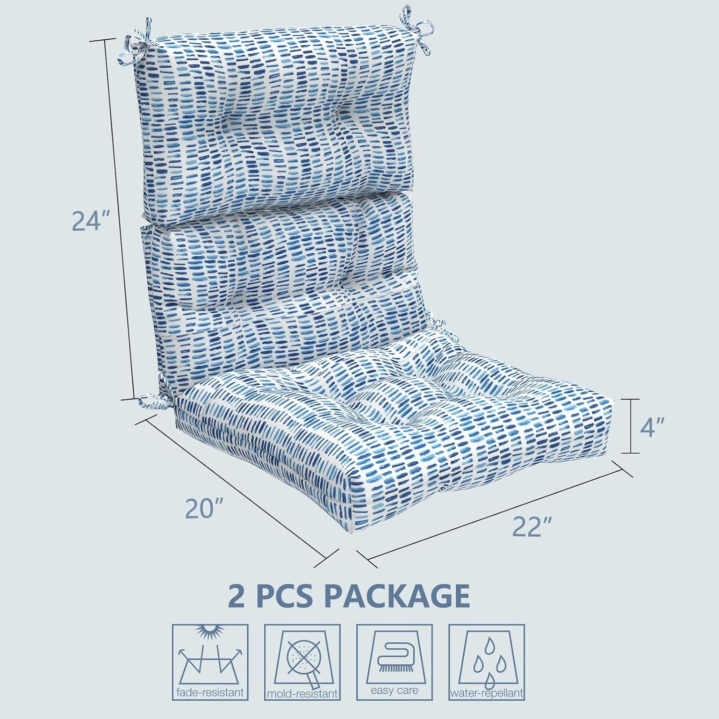 LVTXIII Outdoor High Back Chair Cushions, Seasonal Replacement Adirondack Chair Cushion with Ties, Patio Waterproof Seat Cushions for Home Garden Use (22” W x 20” D, Set of 2, Pebble Blue)