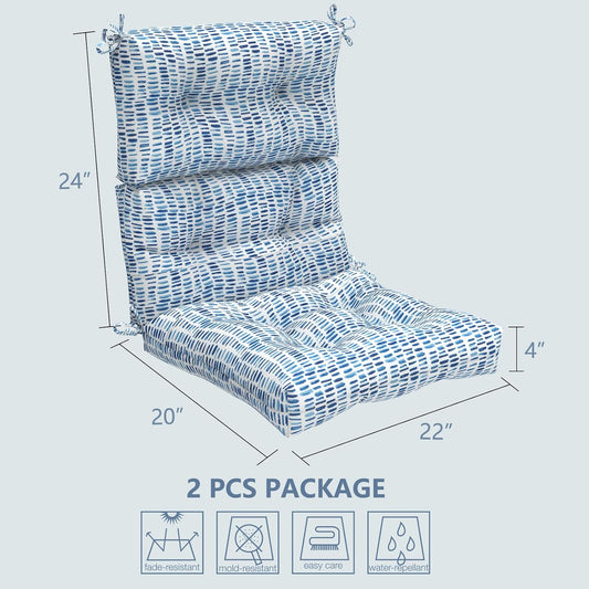 LVTXIII Outdoor High Back Chair Cushions, Seasonal Replacement Adirondack Chair Cushion with Ties, Patio Waterproof Seat Cushions for Home Garden Use (22” W x 20” D, Set of 2, Pebble Blue)