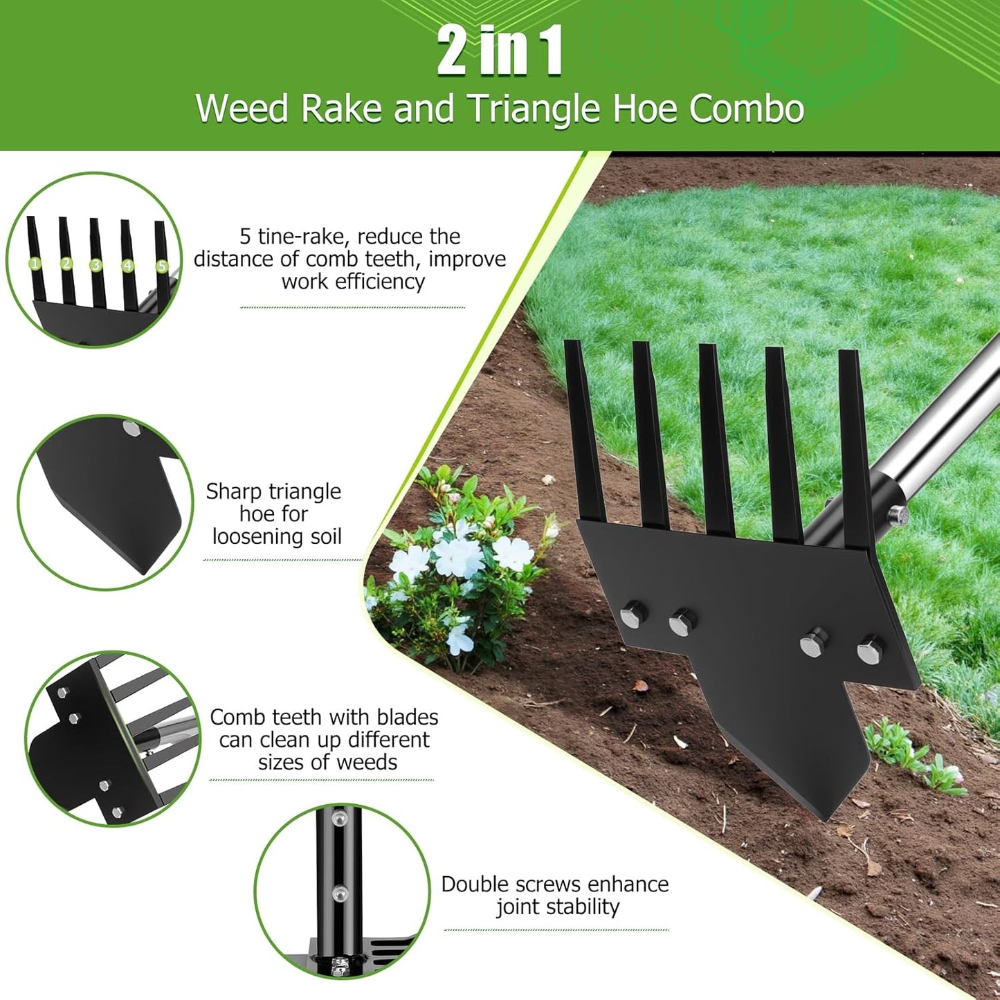 2-in-1 Hoe Garden Tools, 17-58" Weed Puller Tool with Long Handle, Heavy Duty Handle Garden Hoe and Weed Rake, Hoes for Gardening Yards Lawns Gardens Weeding