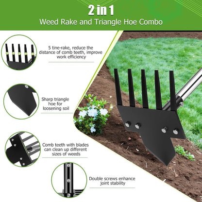 2-in-1 Hoe Garden Tools, 17-58" Weed Puller Tool with Long Handle, Heavy Duty Handle Garden Hoe and Weed Rake, Hoes for Gardening Yards Lawns Gardens Weeding