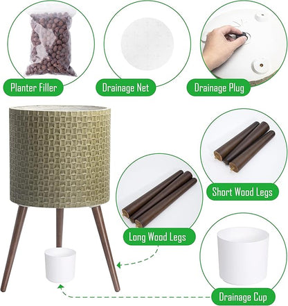 D'vine Dev 16 Inch Modern Geometric Tile Patterned Sleek Planter Pot with Stand, Indoor Outdoor Decorative Plant Holder, Distressed Olive, 88-Z-E-4