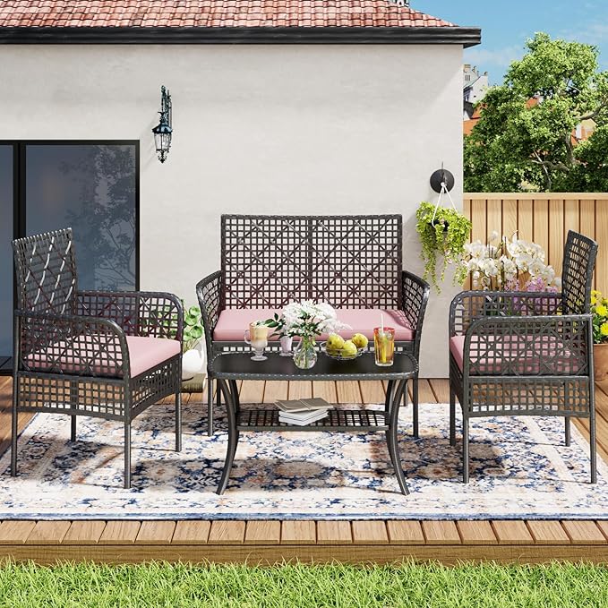 4-Piece Patio Furniture Set, Weather-Resistant Rattan Patio Conversation Set with Two-Tier Coffee Table, Upholstered Openwork Wicker Furniture for Porch, Garden, Lawn, Red