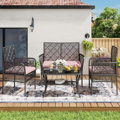 4-Piece Patio Furniture Set, Weather-Resistant Rattan Patio Conversation Set with Two-Tier Coffee Table, Upholstered Openwork Wicker Furniture for Porch, Garden, Lawn, Red