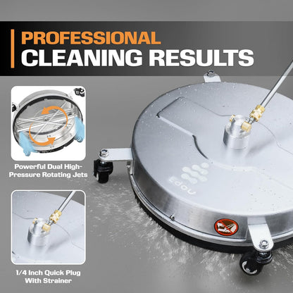 EDOU 18 inch Pressure Washer Surface Cleaner - Stainless Steel Power Washer Attachment - 4,000 PSI Max - Concrete Cleaner with Dual Nozzles and Extension Wands - Silver