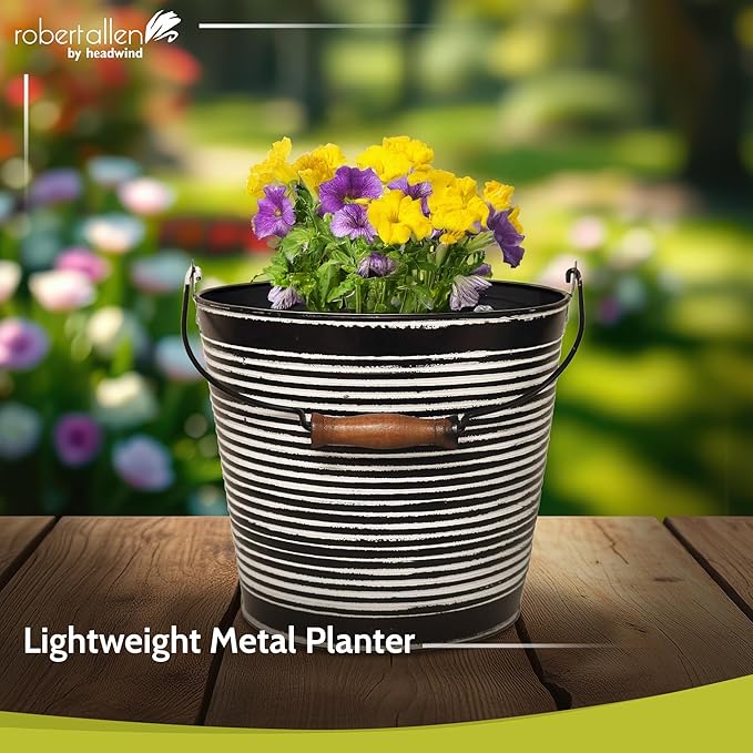 Headwind Robert Allen Vintage Ribbed Metal Planter with Handle, 10-Inch, Charcoal – Lightweight Indoor/Outdoor Flower Pot with Drainage Hole