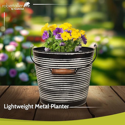Headwind Robert Allen Vintage Ribbed Metal Planter with Handle, 10-Inch, Charcoal – Lightweight Indoor/Outdoor Flower Pot with Drainage Hole