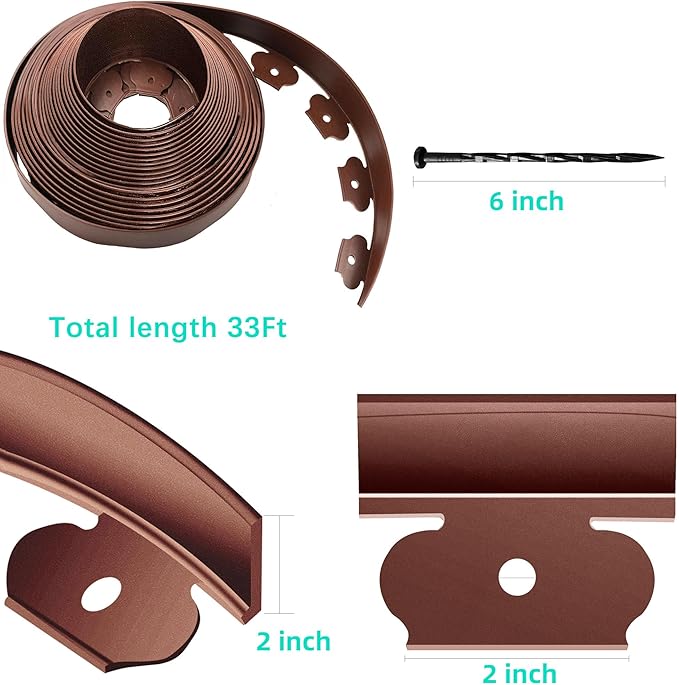 Landscape Edging Coil 66 FT, 2 Inch Tall Garden Edging Border Flexible Lawn Edging Kit with 60 Spikes, Plastic Edging for Landscaping Flower Beds Yard Pathway Paver Edging (2IN x 66FT, Brown)