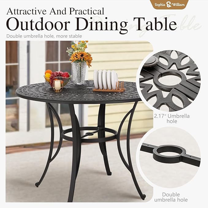 Sophia & William 7 Pieces Cast Aluminium Patio Bar Set for 6, Round Outdoor Bar Height Table and Swivel Bar Stools, Patio High Top Pub Set with Bar Counter Height Chairs and 2.2" Umbrella Hole