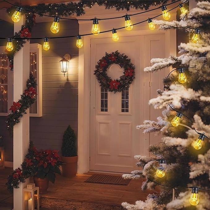 LED Christmas Lights, 50FT Patio Lights with 16Pcs Shatterproof S14 Bulb(1 Spare),4 Lighting Mode, Connectable,Waterproof Warm White Edison Plastic Bulb Hanging Light for Yard Gazebo Porch Décor