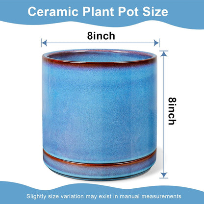 EFISPSS Ceramic Planter 8 Inch, Ceramic Plant Pots with Drainage Hole and Saucer, Indoor Modern Flower Pot for Home and Office Flower Pot - Blue
