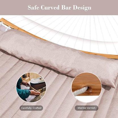 SUNCREAT 13.8 FT Hammocks Quilted Fabric Double Hammock with Detachable Curved Bamboo Spreader Bar and Soft Pillow, Max 450 lbs Capacity, Tan