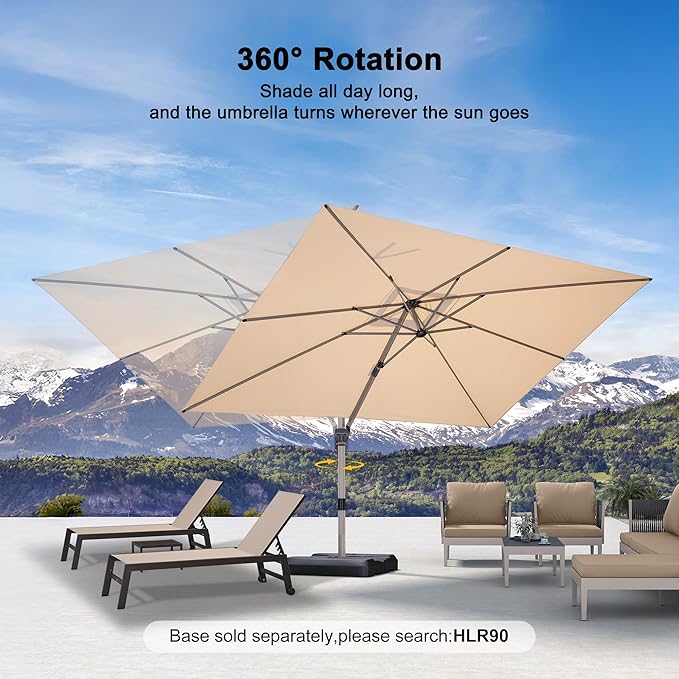 PURPLE LEAF 9' X 11.5' Patio Umbrella, Rectangle Outdoor Cantilever Umbrella, Aluminum Offset Umbrella with Champagne Frame and 360° Rotation for Pool Deck Garden, Beige