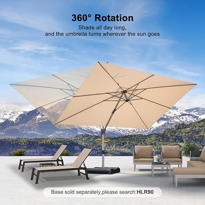 PURPLE LEAF 9' X 11.5' Patio Umbrella, Rectangle Outdoor Cantilever Umbrella, Aluminum Offset Umbrella with Champagne Frame and 360° Rotation for Pool Deck Garden, Beige